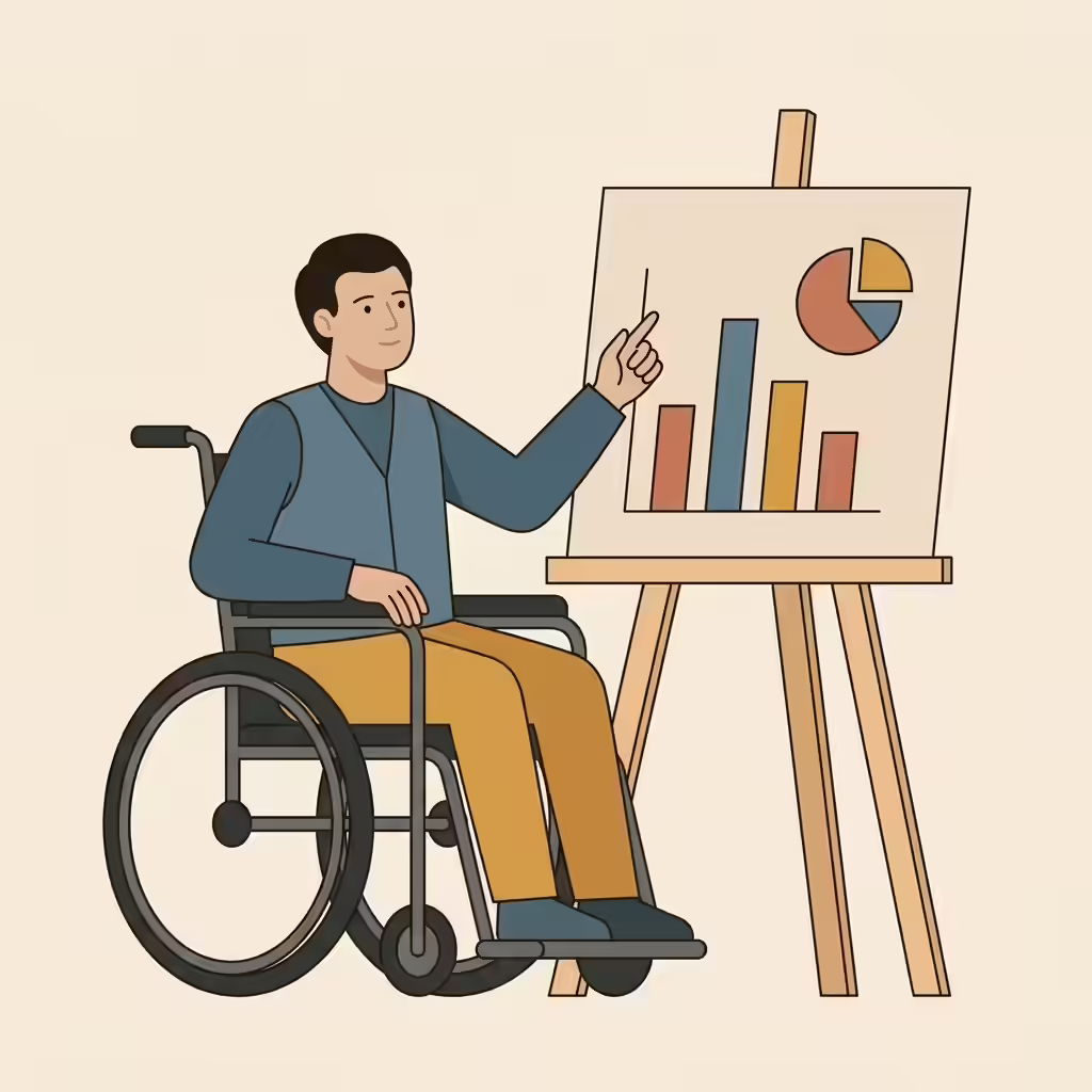 插畫：輪椅使用者對著圖表簡報