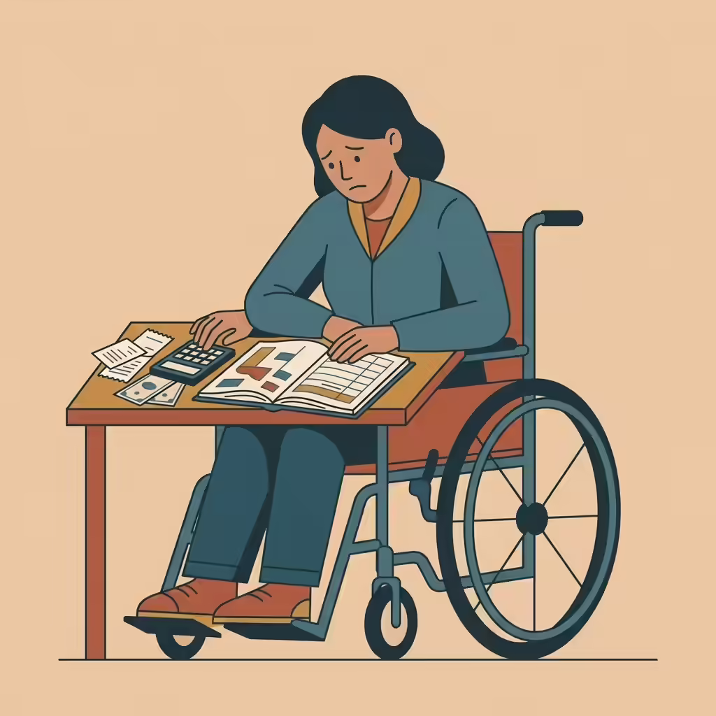 插畫：輪椅使用者低頭核對帳目