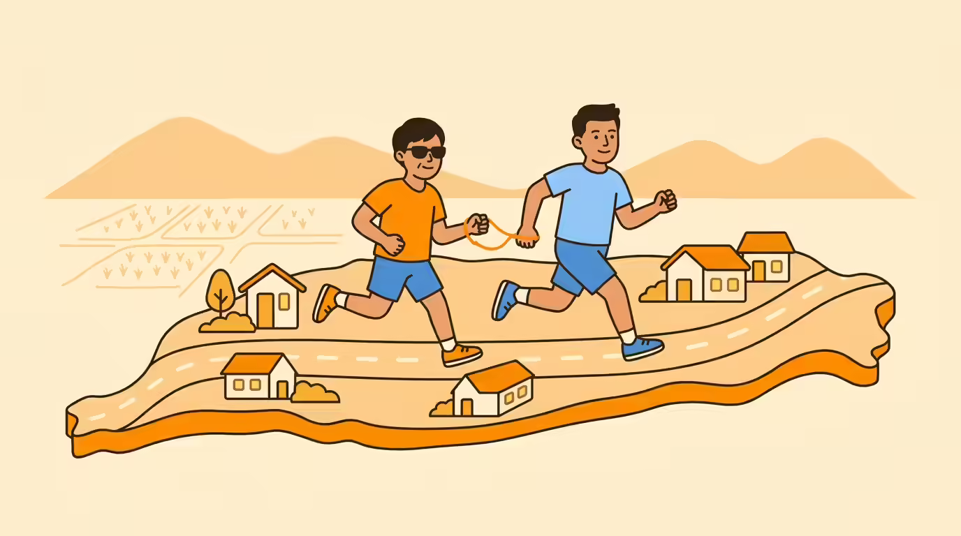 插畫：視障跑者與陪跑員沿台灣輪廓奔跑
