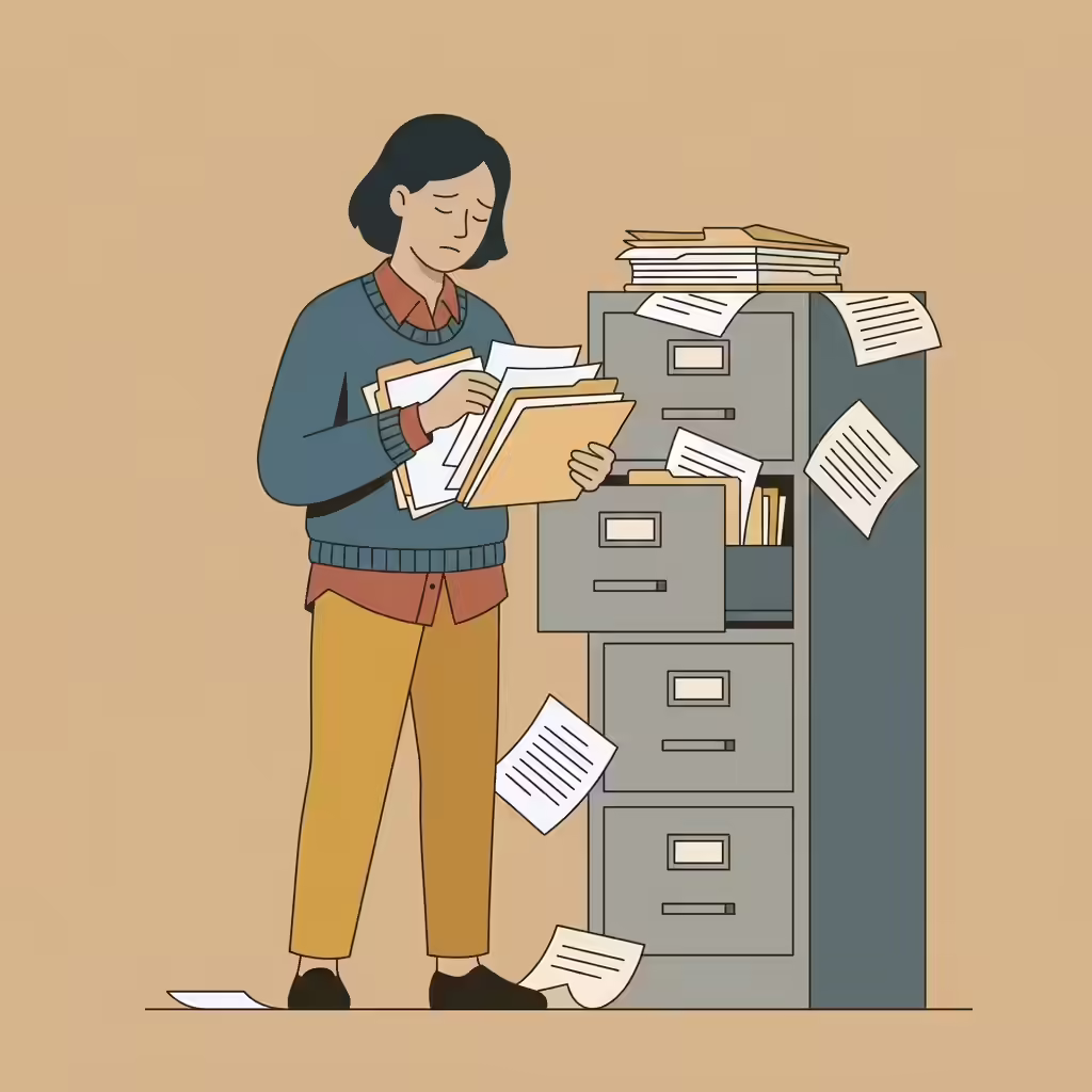 插畫：社工翻找厚厚的補助文件