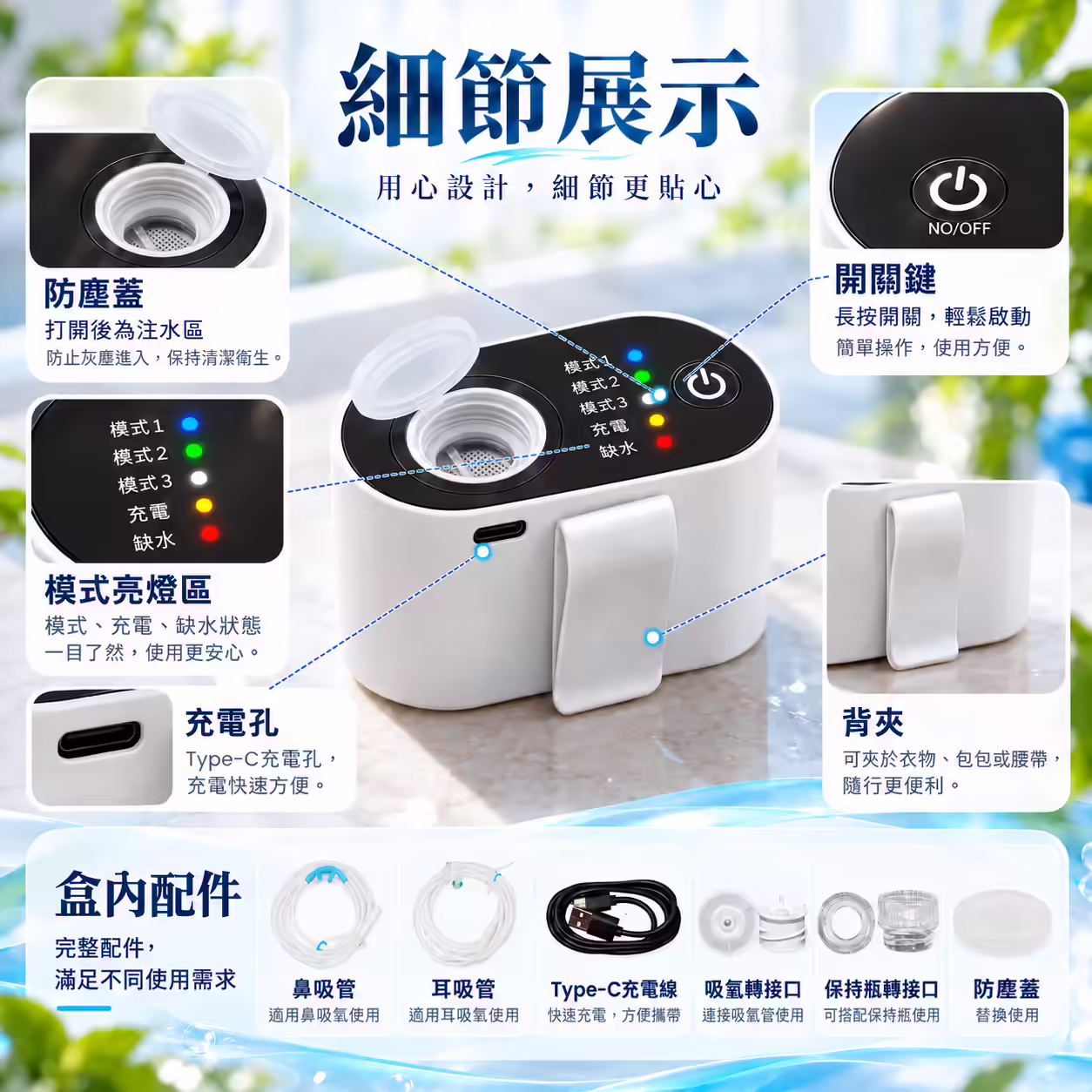 TQ-1000 機身細節、半透明防塵蓋、開關、指示燈、充電口及配件示意