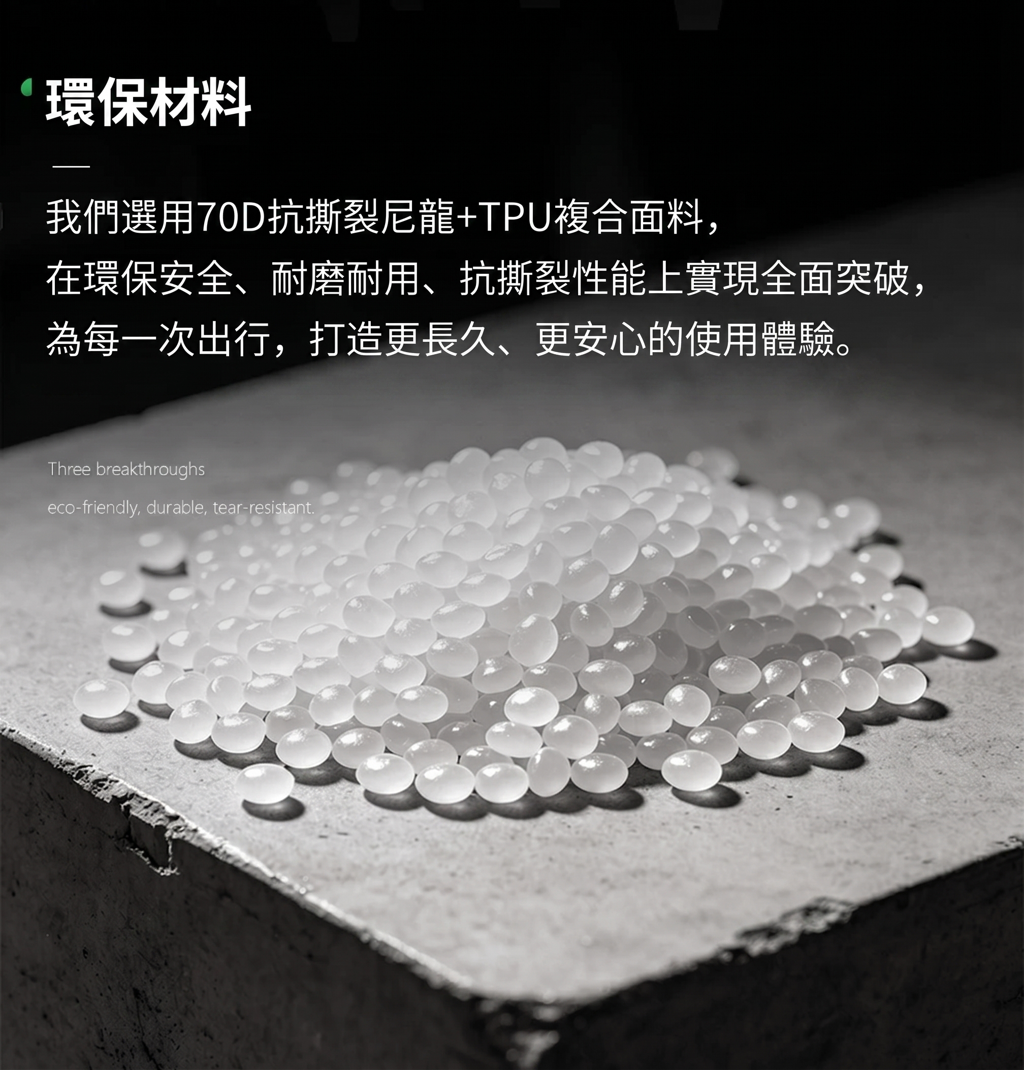 環保70D抗撕裂尼龍＋TPU複合材料原料，耐磨耐用、抗撕裂、減少一次性塑料浪費