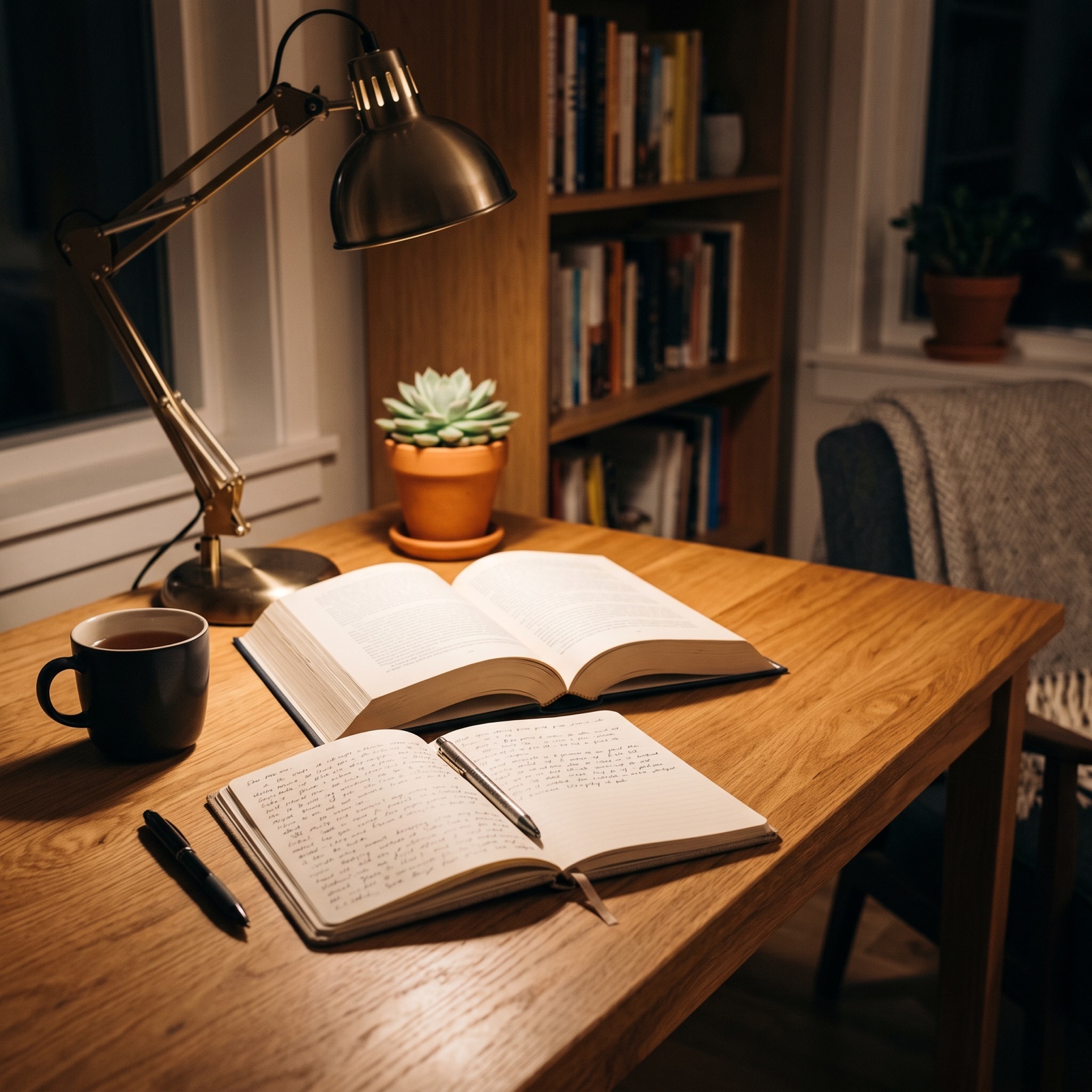 夜晚書桌閱讀情境，檯燈柔和暖光灑在書本與筆記本上