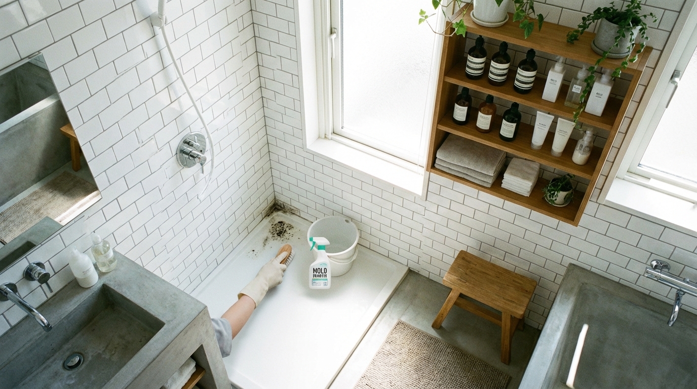 浴室除霉方法教學，磁磚縫隙黴菌清潔前後對比