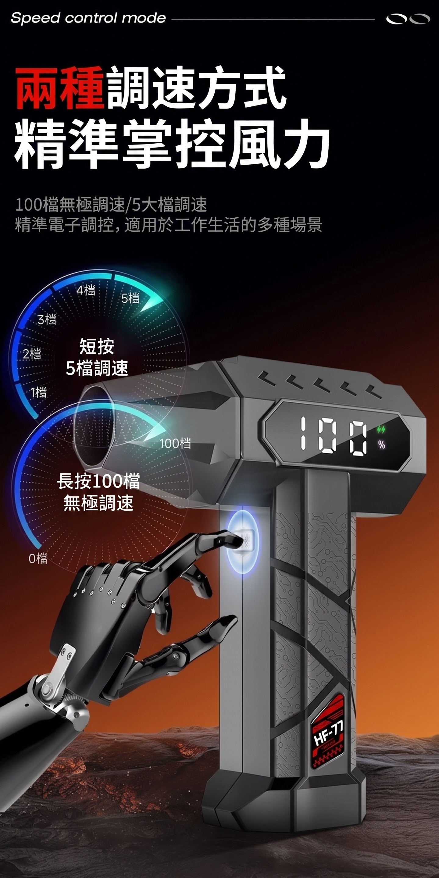 暴力渦輪手持風扇100檔無極調速-5大檔位精準電子調控風力