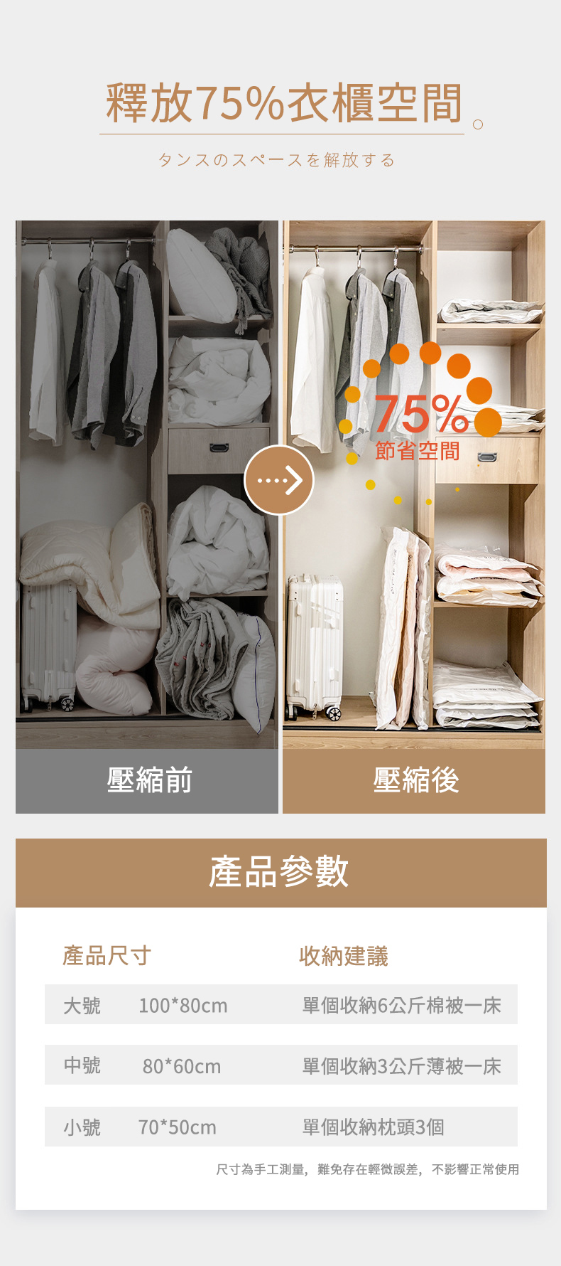 真空壓縮袋使用方法｜三步驟輕鬆壓縮示意圖