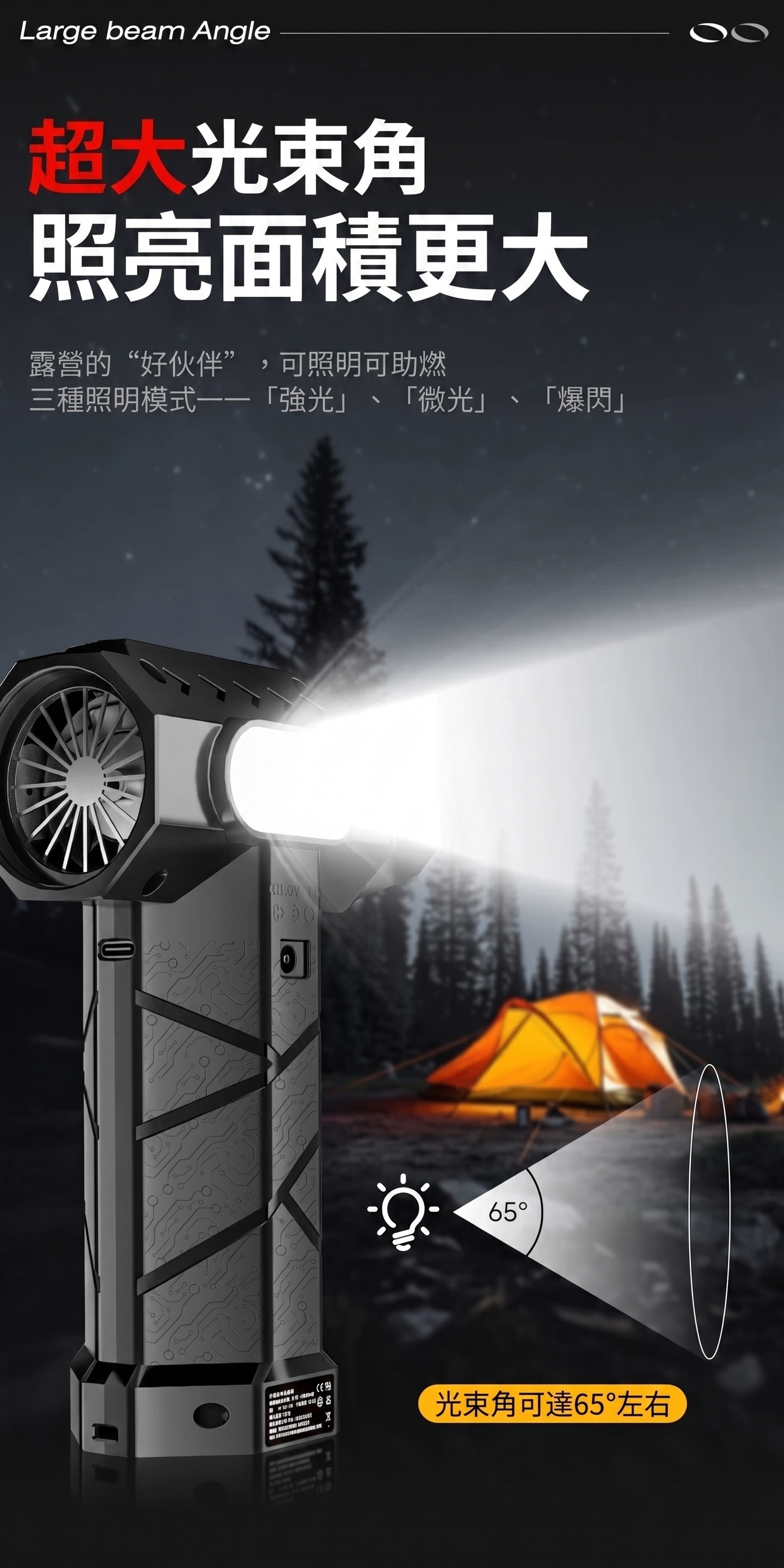 暴力渦輪手持風扇65度大光束角LED照明-強光微光爆閃三模式
