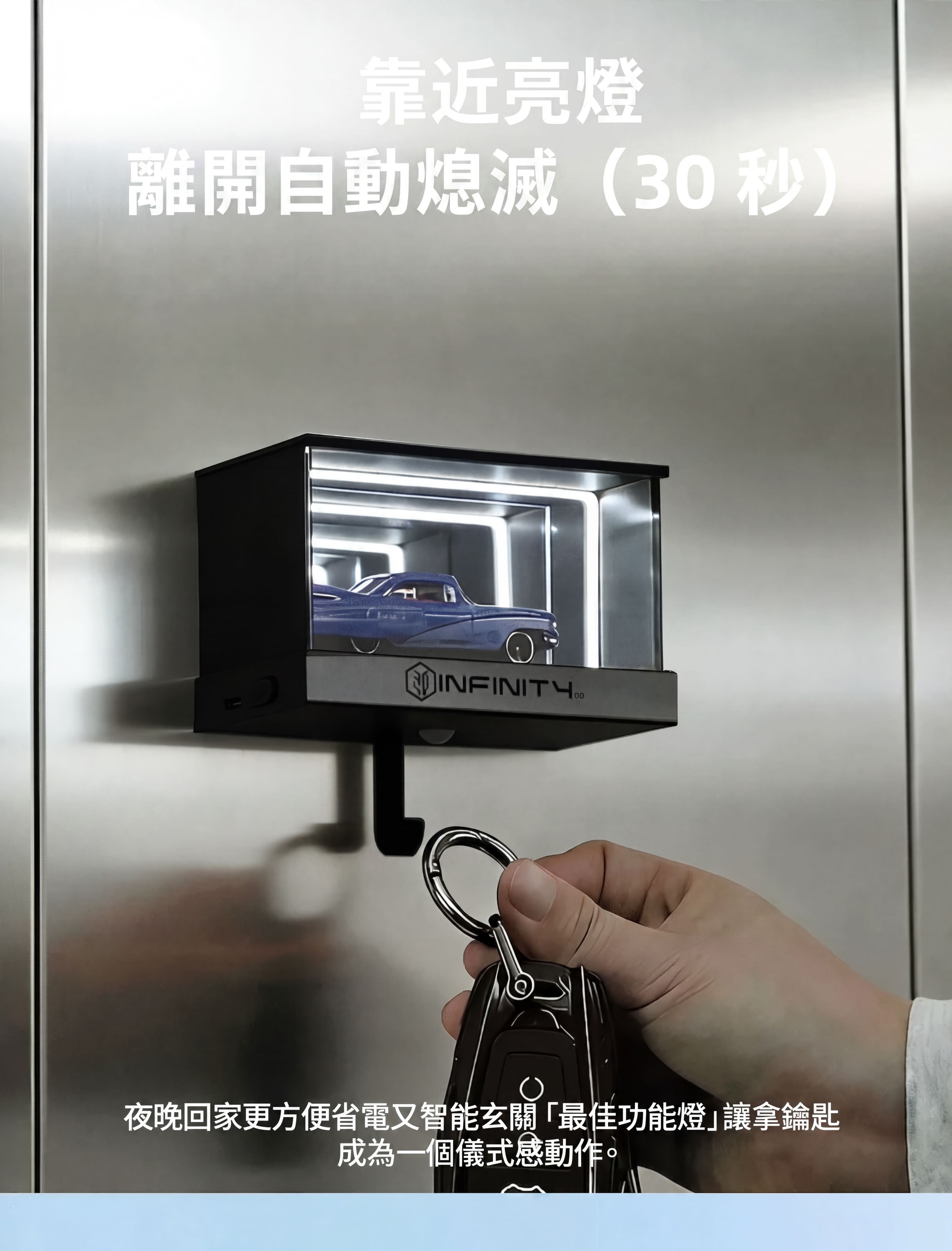 無限深淵車庫鑰匙掛架細節特寫 - 磁吸固定設計