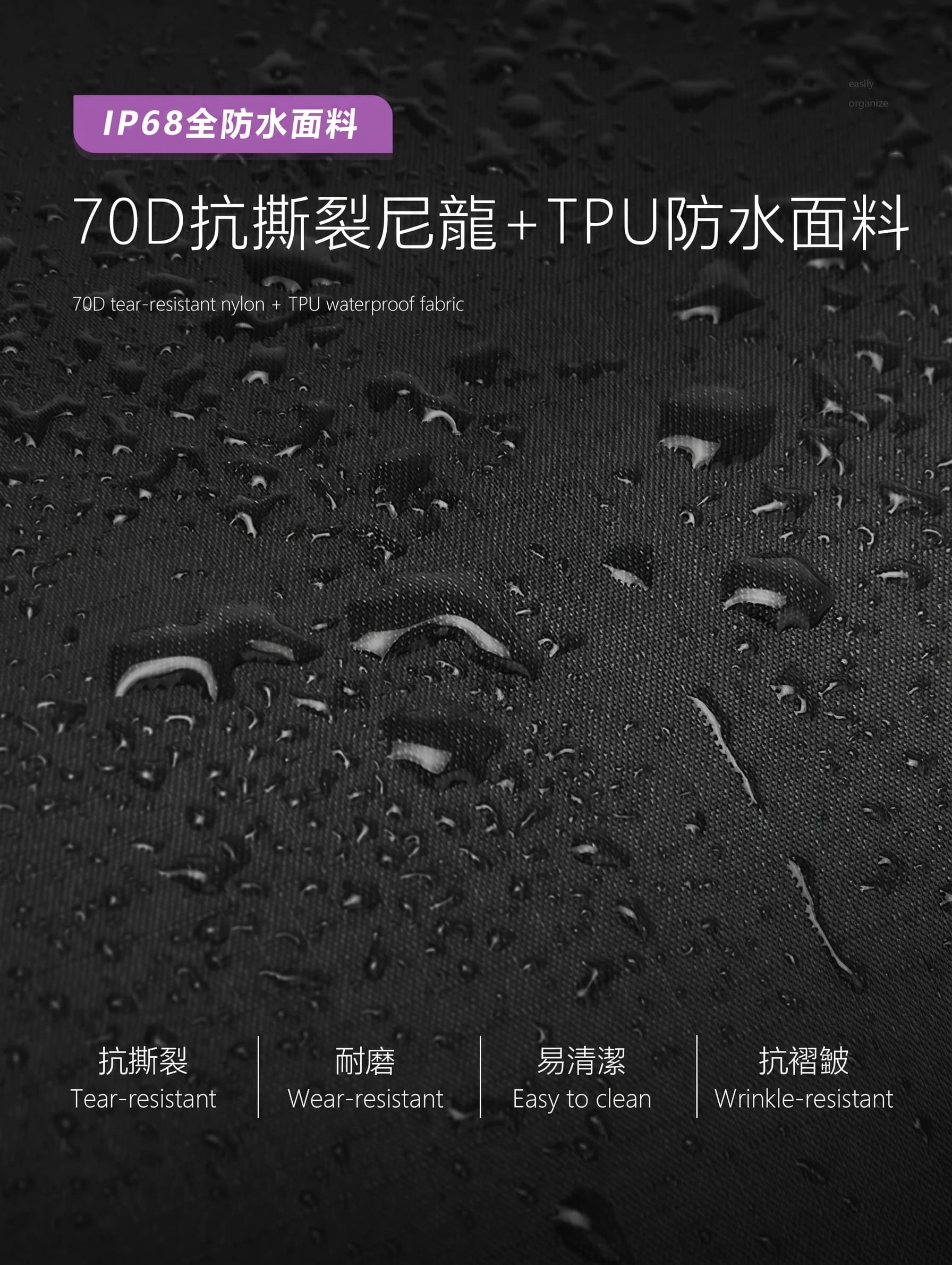 IP68全防水70D抗撕裂尼龍＋TPU面料，抗撕裂、耐磨、易清潔、抗褶皺