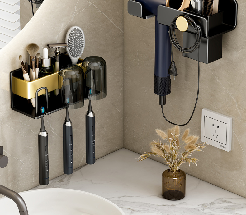 黑金系列牙刷架搭配吹風機架浴室整體收納