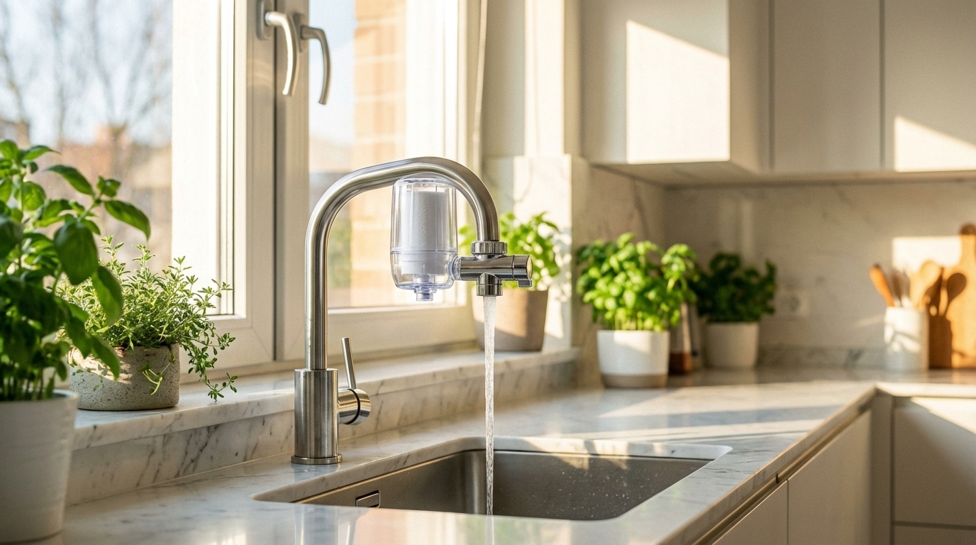 廚房水龍頭濾水器安裝在流理台上，清澈自來水流出，現代明亮廚房場景