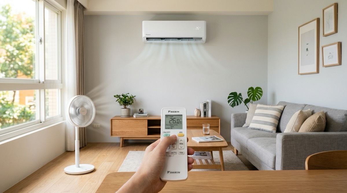 夏天客廳冷氣省電示意圖，現代化客廳裡的分離式冷氣與溫度遙控器，冷氣省電技巧