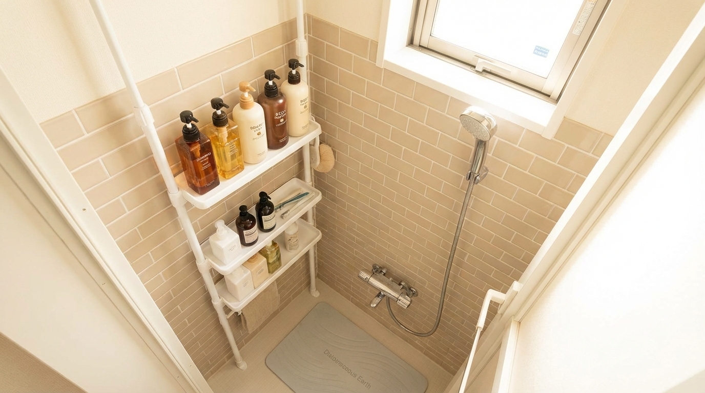 租屋浴室改造後的乾淨場景，免打孔置物架、增壓蓮蓬頭和硅藻泥地墊