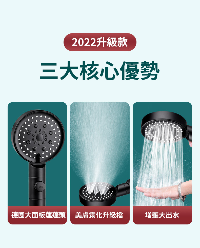 六檔增壓過濾蓮蓬頭銀色款正面展示