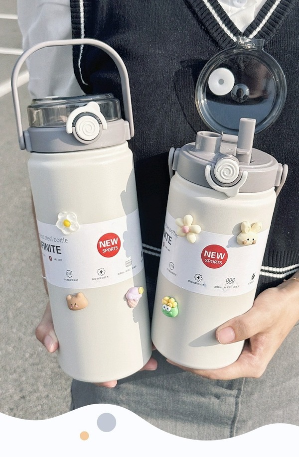 316 不鏽鋼時尚保溫杯兩款立體裝飾杯身與吸管杯蓋實拍