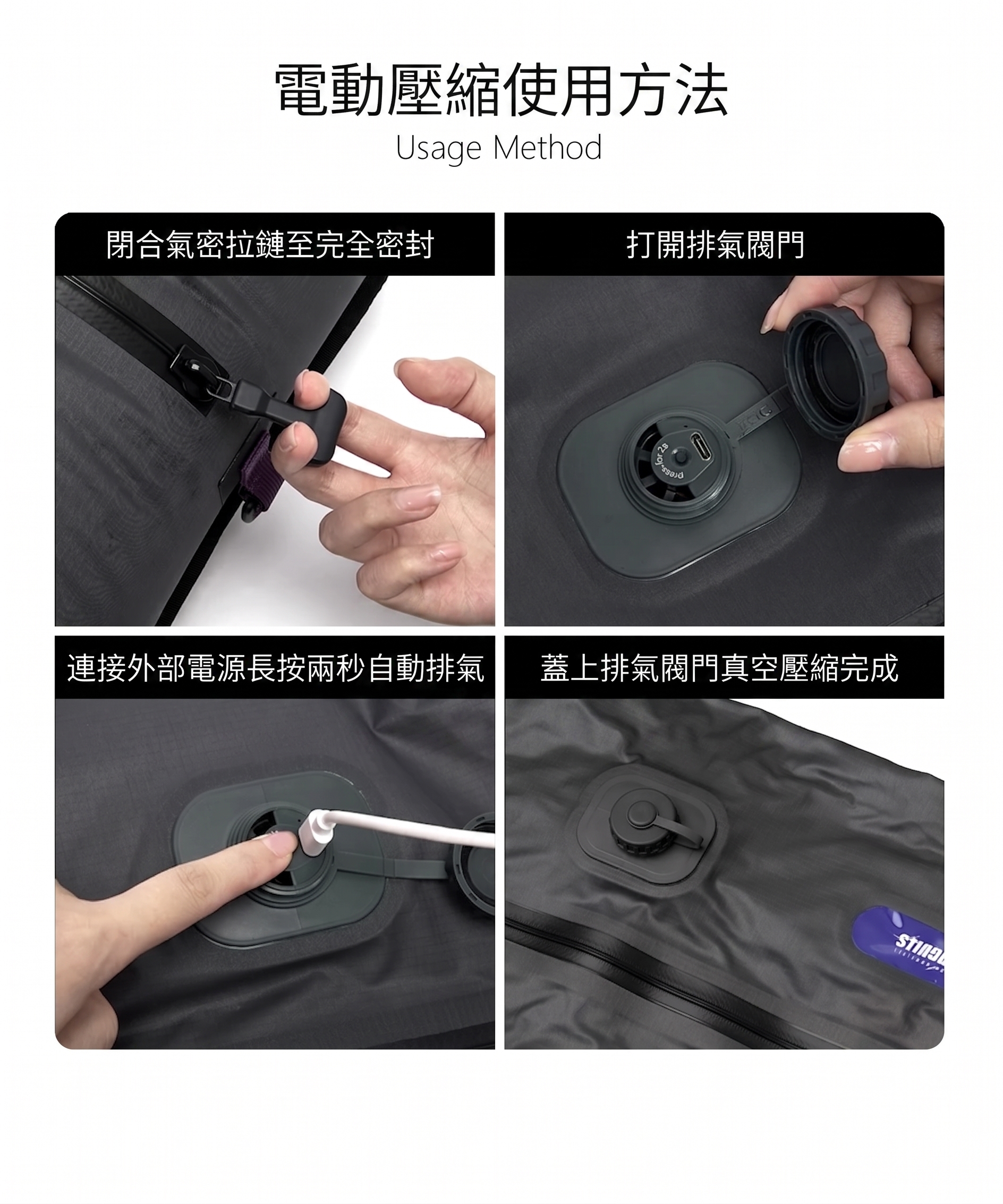 電動壓縮使用步驟：閉合氣密拉鍊、打開排氣閥、接外接電源長按2秒自動排氣、蓋上閥門真空壓縮完成