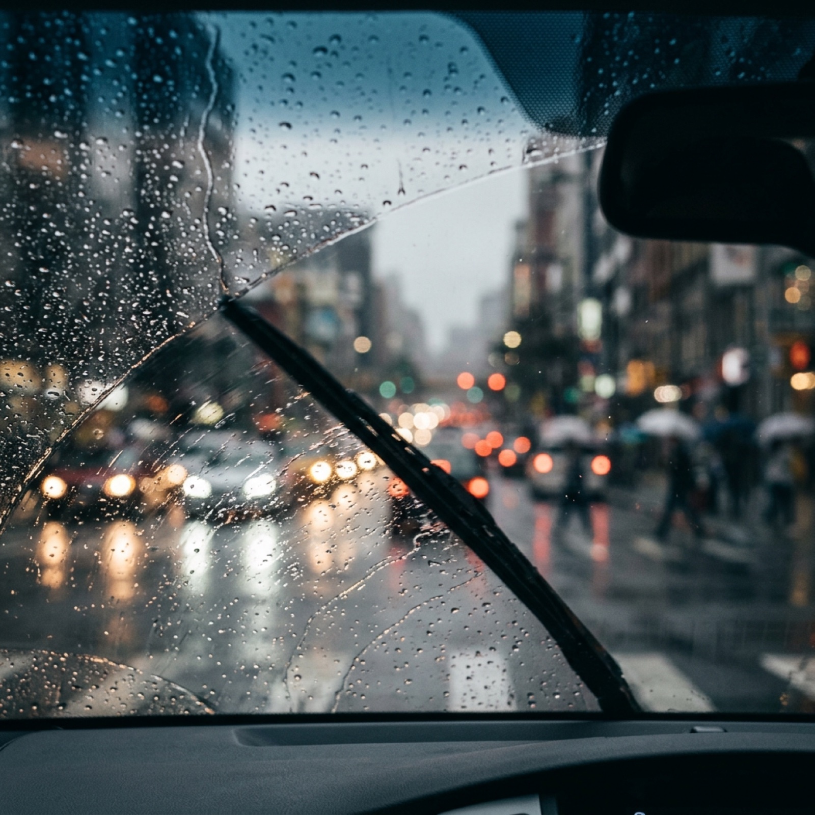 下雨天從車內往外看，雨刷刮過布滿雨滴的擋風玻璃