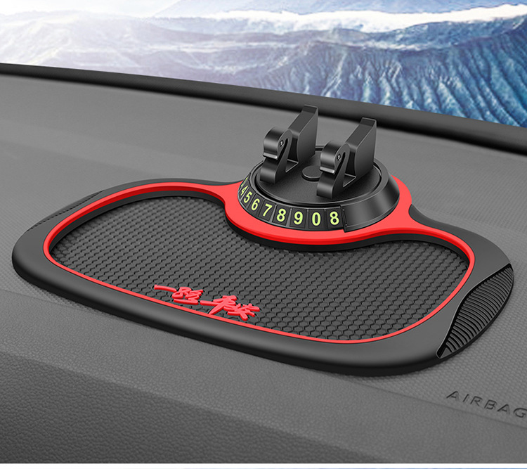 紅黑色車用防滑手機置物架 側面角度展示 臨時停車號碼牌