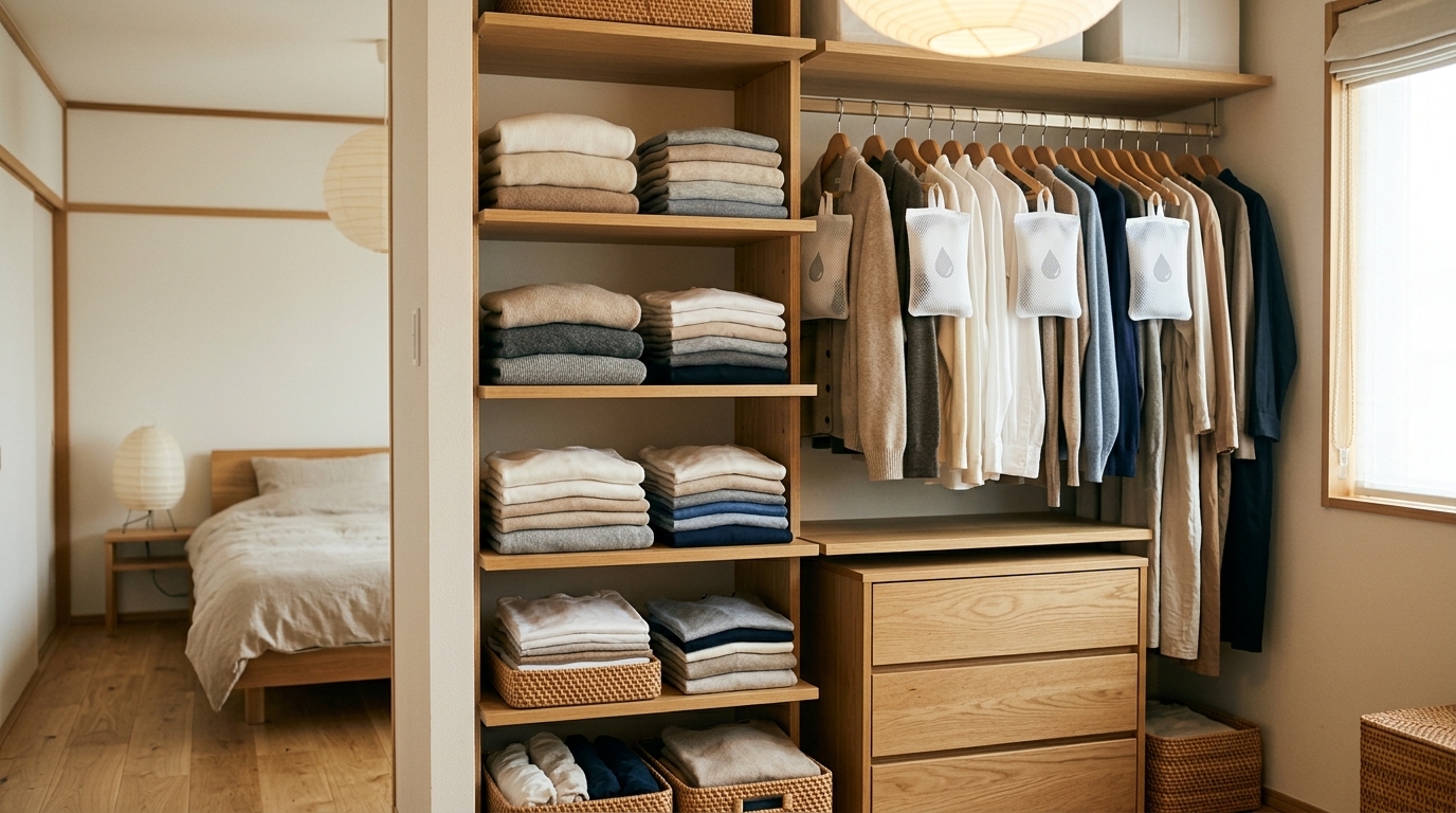 衣櫃除濕防潮：整齊的衣櫃內部搭配除濕袋