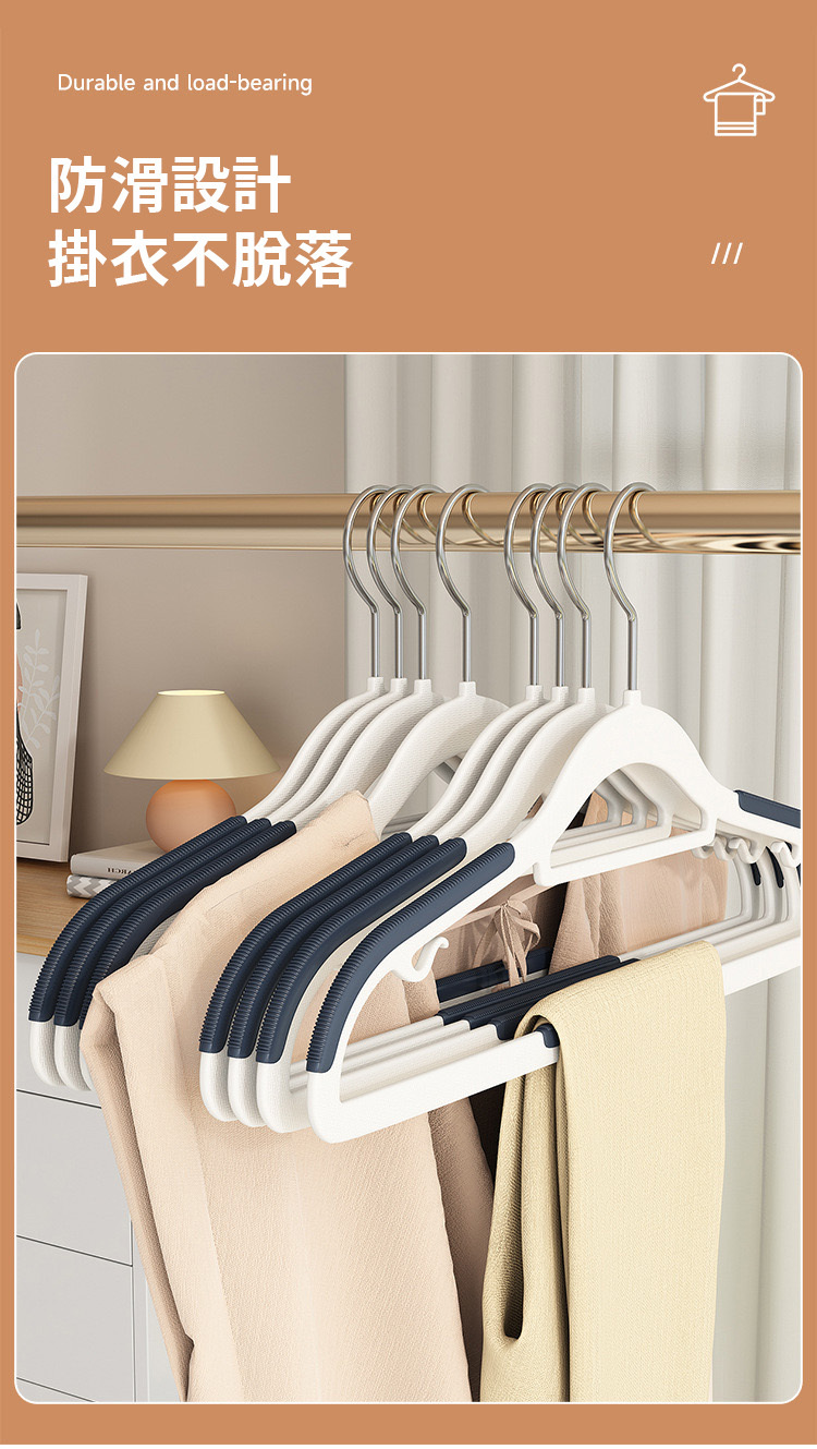 防滑無痕衣架 深藍色凹凸紋路防滑條近距離特寫 掛衣不脫落