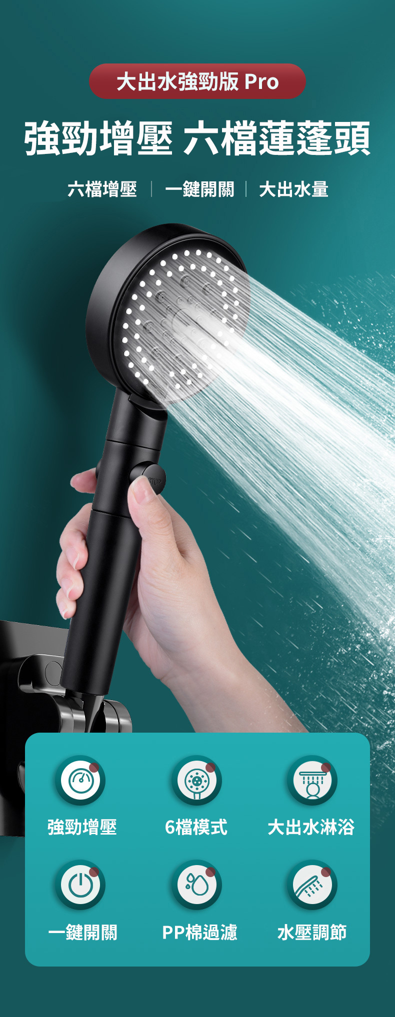 六檔蓮蓬頭六種水流模式切換示意圖