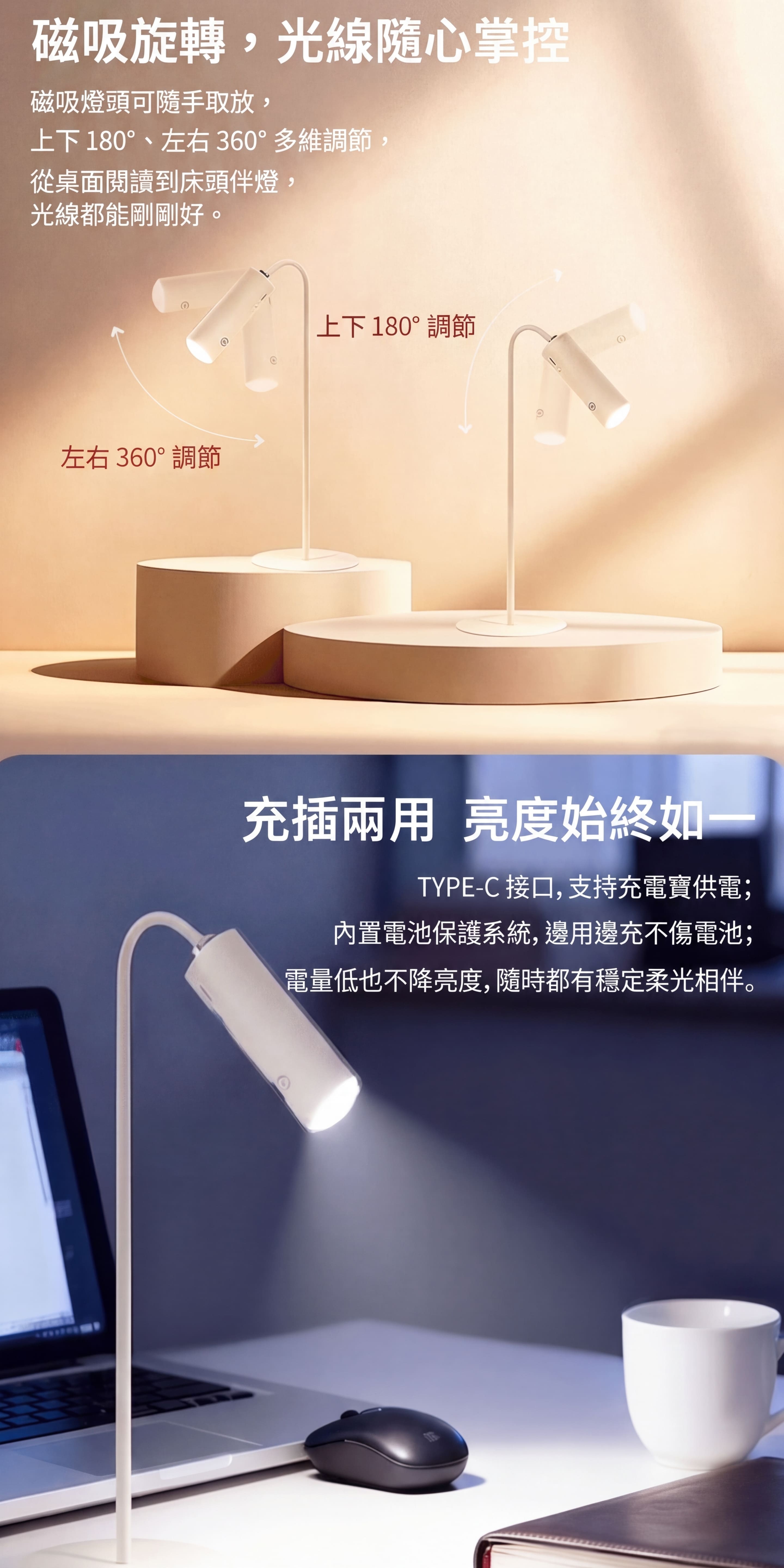 無線磁吸檯燈光線效果說明圖示