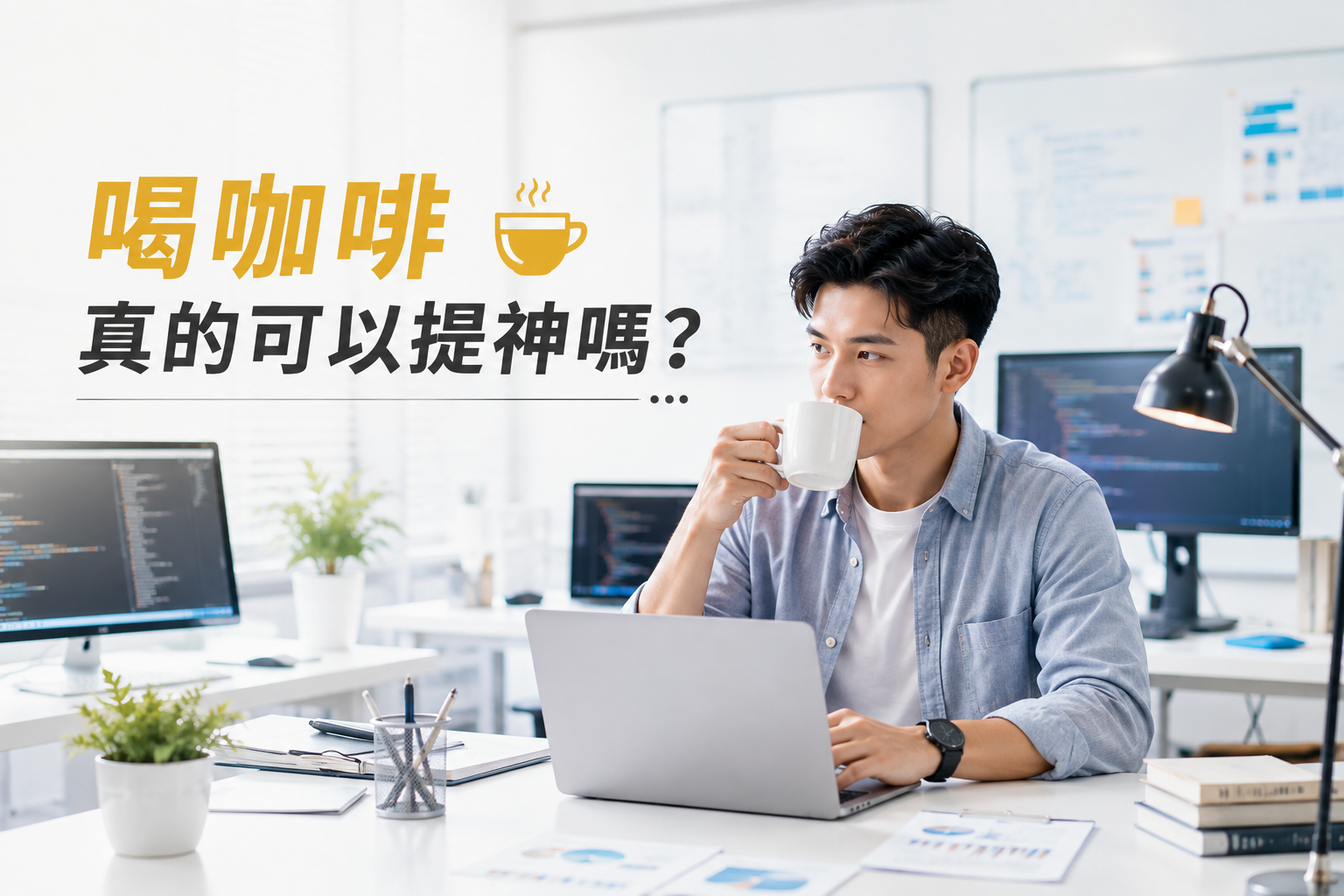 喝咖啡,真的可以提神嗎?——上班族喝咖啡提神情境圖