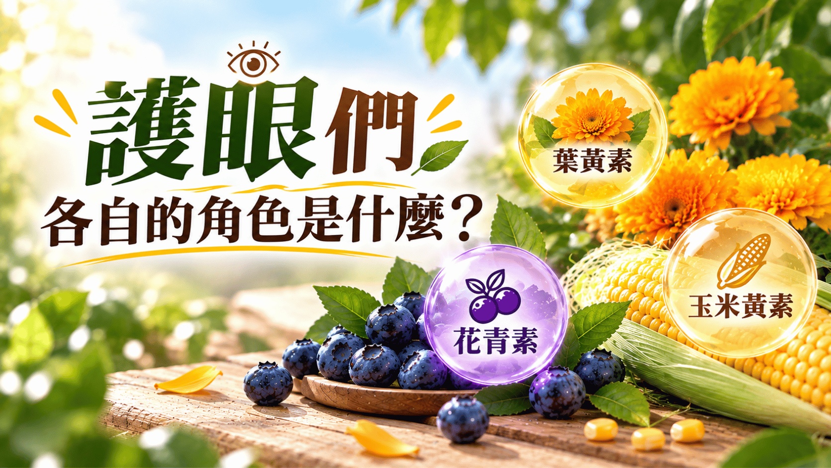 葉黃素、玉米黃素、花青素角色分工示意圖