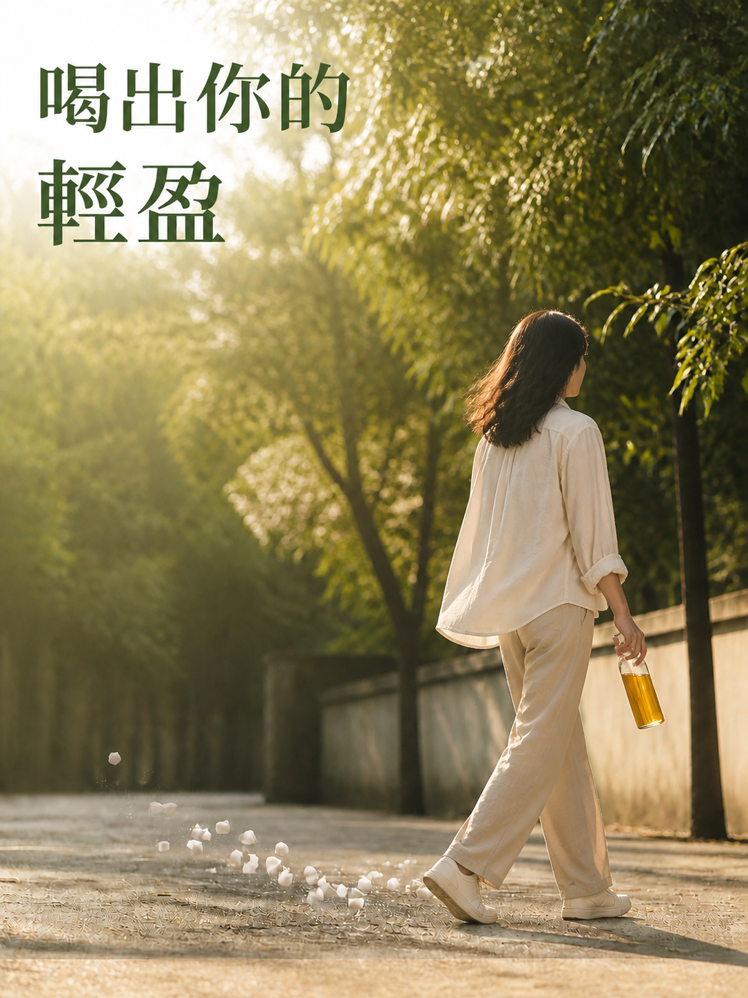 一名女子手持無糖茶在陽光下前行，腳邊方糖消散，畫面文字為喝出你的輕盈