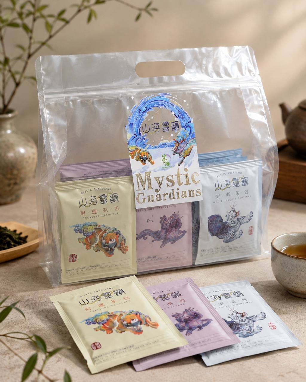 山海靈韻30包自由配茶包組合實拍，透明提袋內裝多款獨立茶包