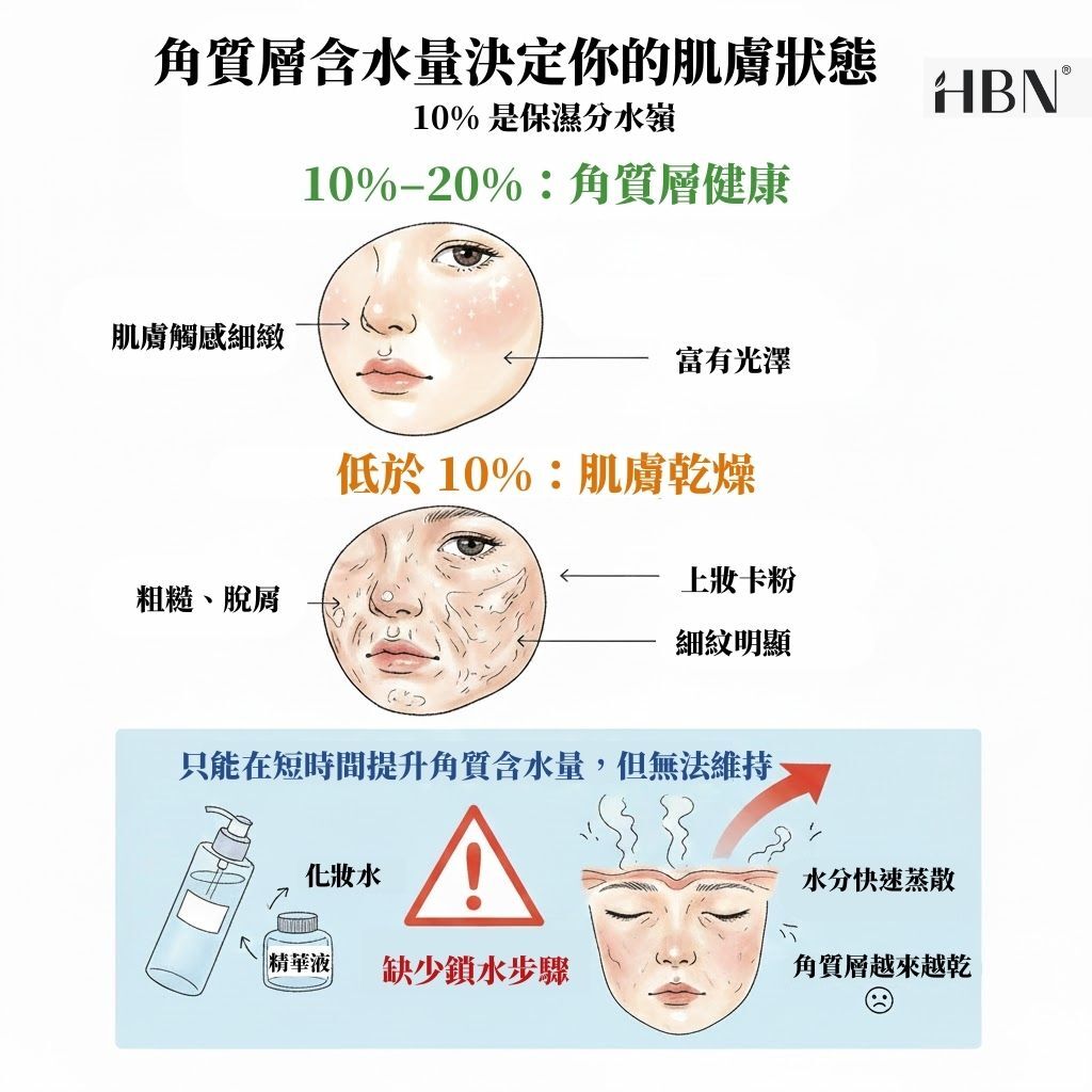 角質層含水量與皮膚狀態示意圖