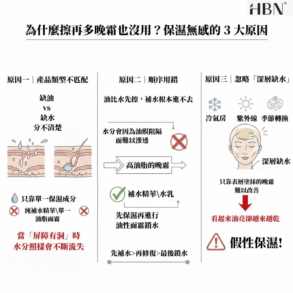 保養步驟錯誤與假性保濕情況示意圖