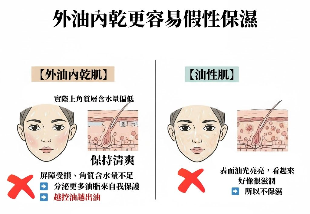 外油內乾與油性肌使用晚霜的示意圖