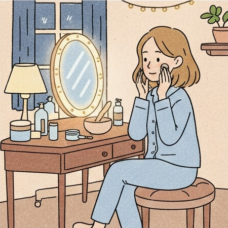 女人在梳妝台前做保養的情境圖片