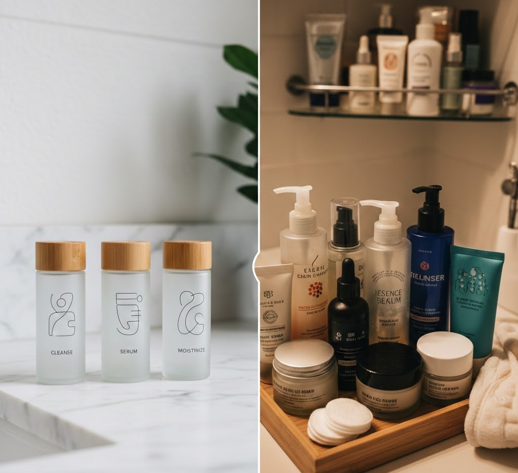 極簡與多步驟保養瓶罐擺放示意圖