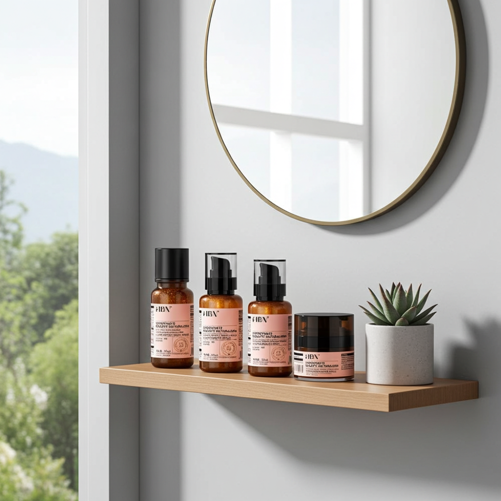 浴室中簡約擺放的保養品情境