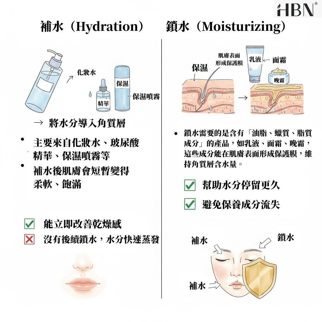 補水與鎖水差異示意圖