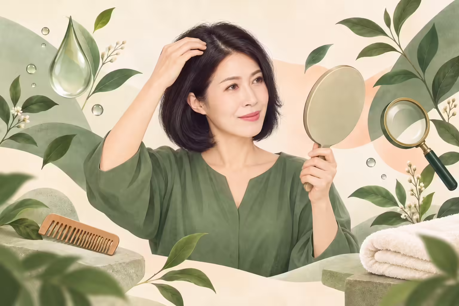 成熟女性拿鏡子觀察髮際與頭皮的養護情境插畫