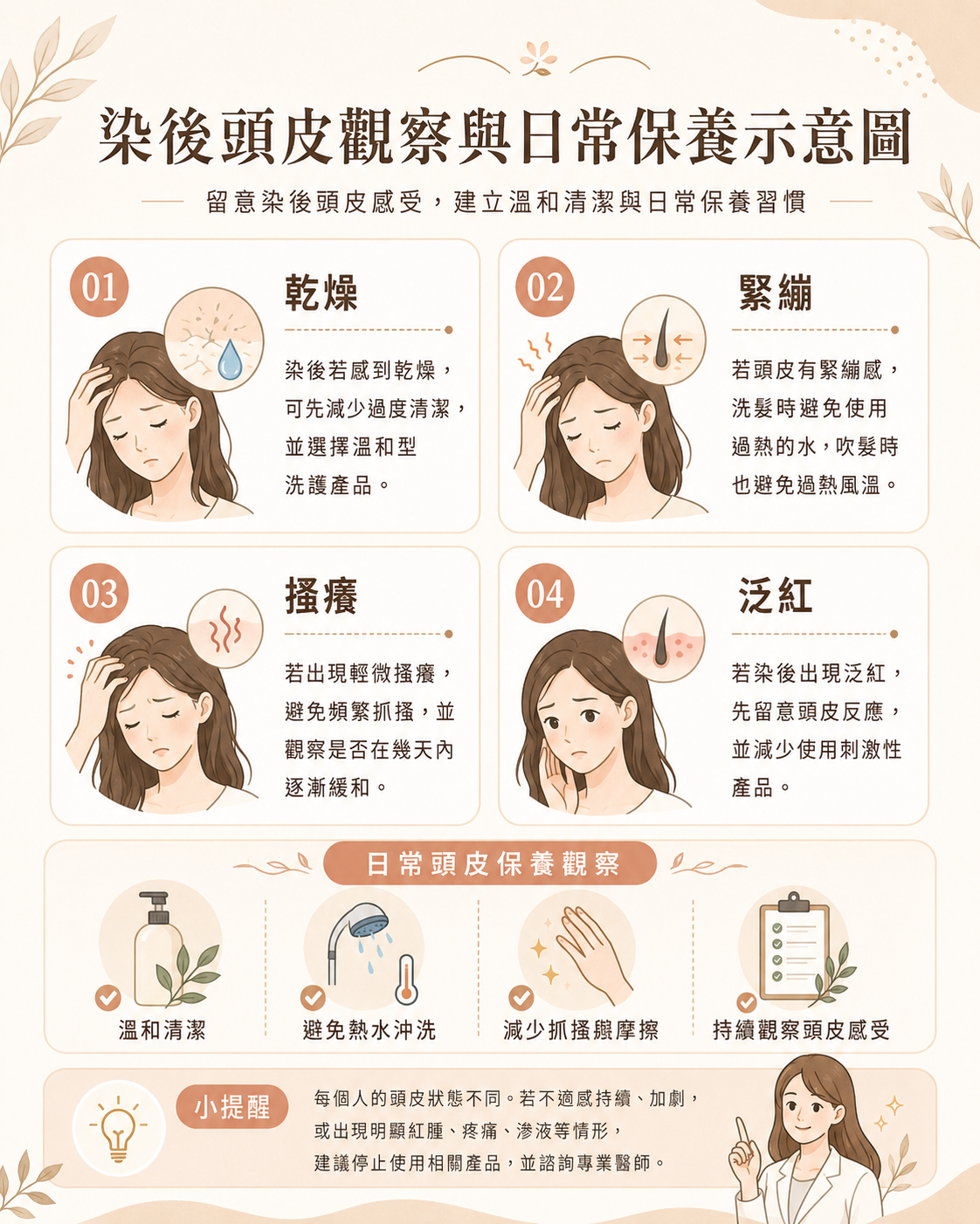 染後頭皮觀察與保養示意圖