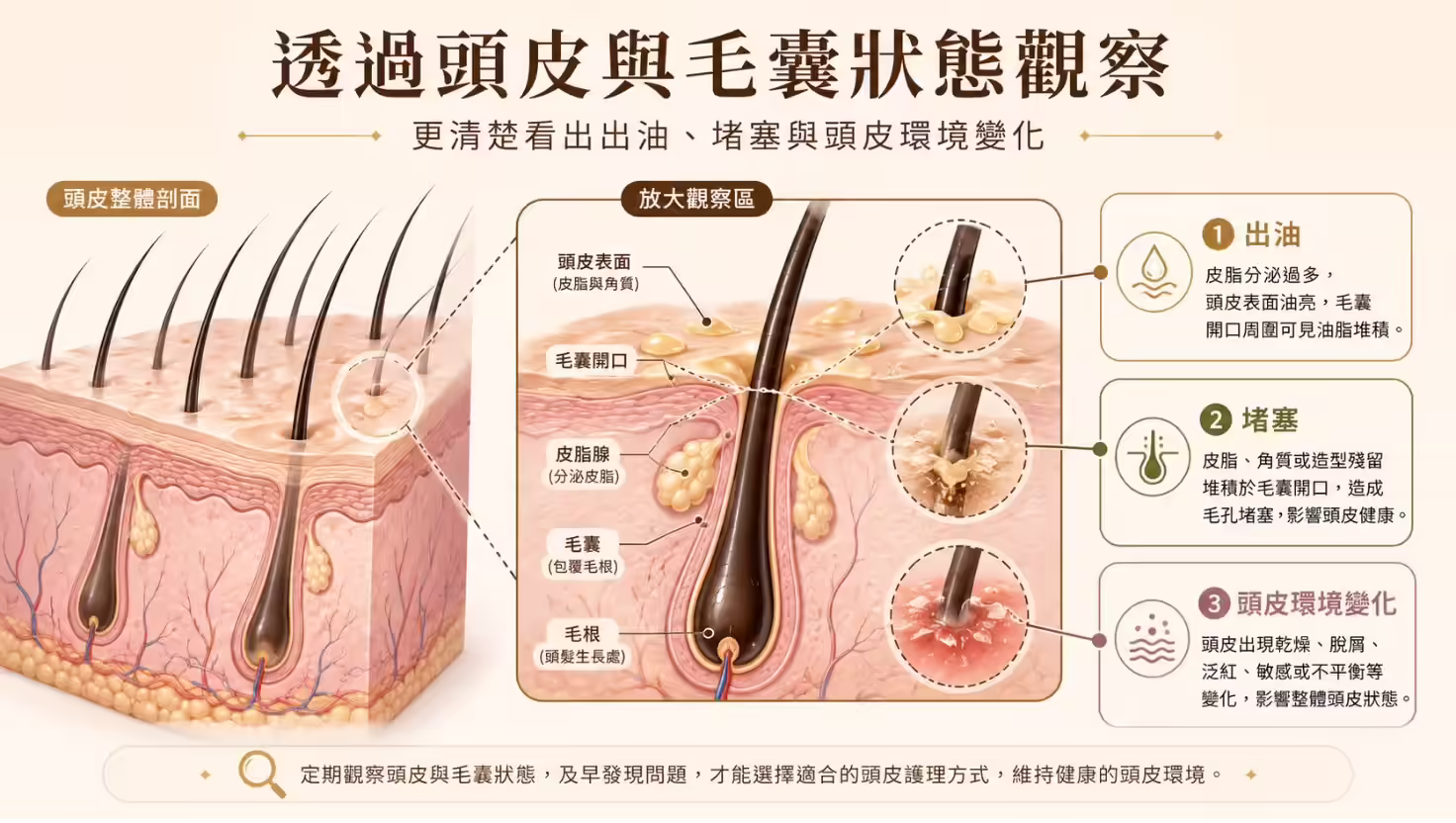 ，頭皮和毛髮在良好的頭皮環境的示意圖