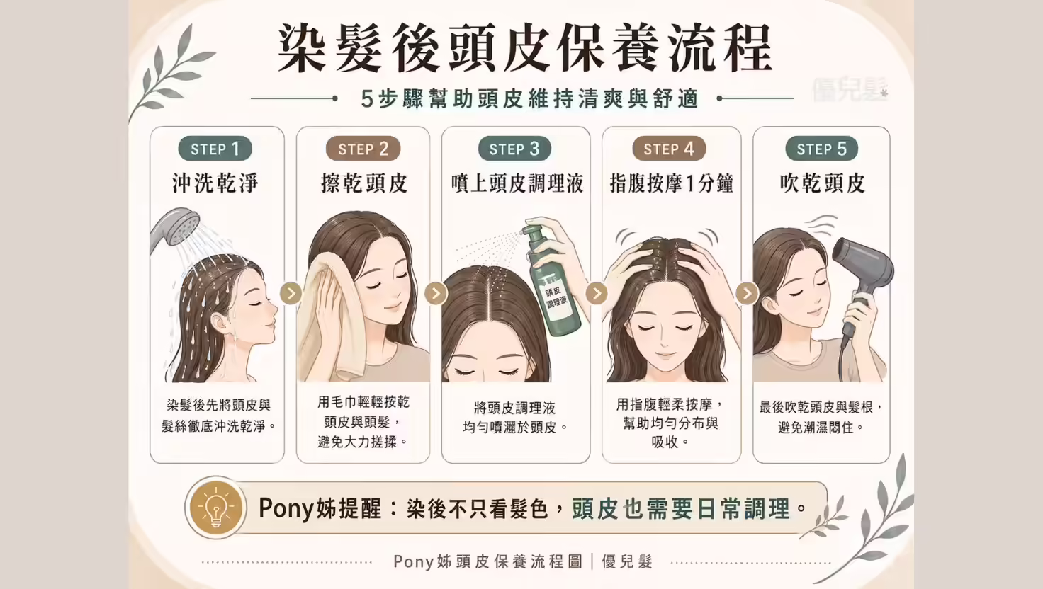 染後頭皮觀察與保養示意圖