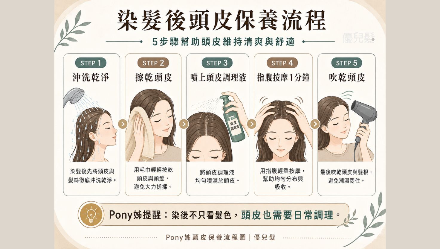 染髮後頭皮保養流程示意圖