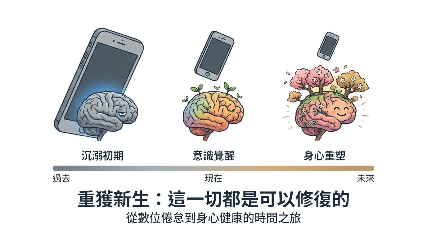 減少手機使用後大腦逐漸恢復正常敏感度的時間軸示意圖