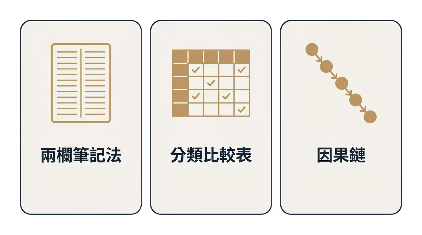 兩欄筆記法、分類比較表、因果鏈