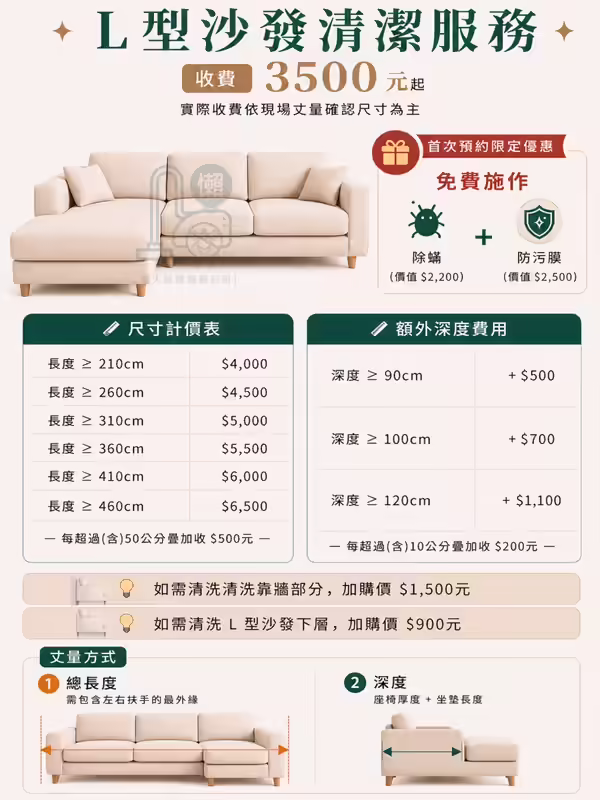 L 型沙發清洗價格與丈量方式