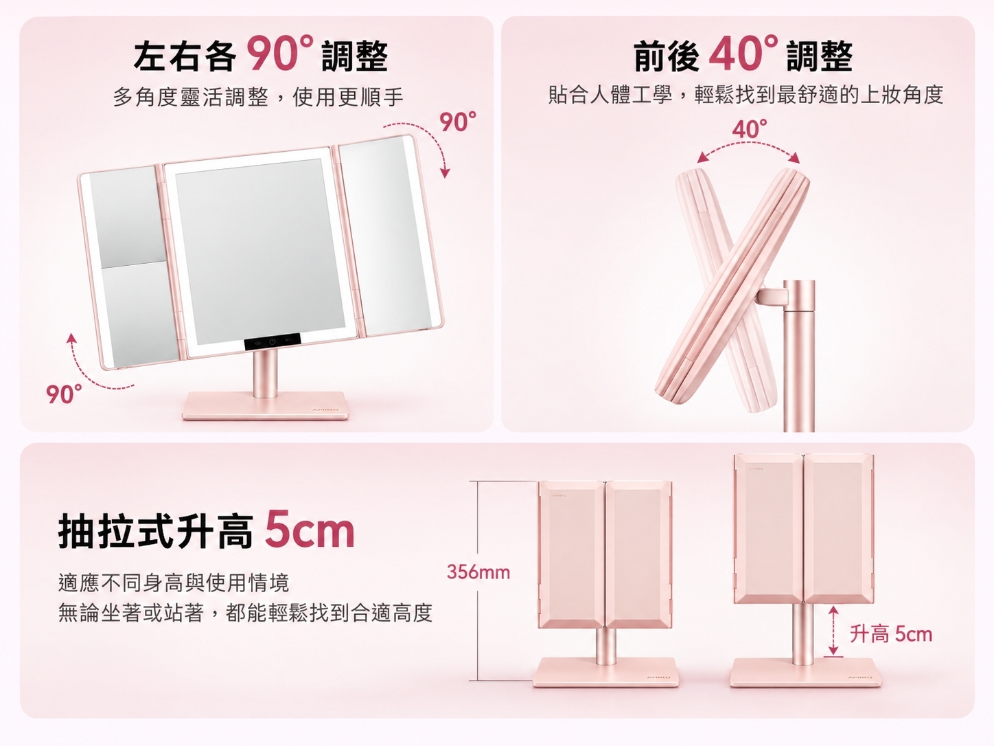 左右90度前後40度角度調節與升降功能