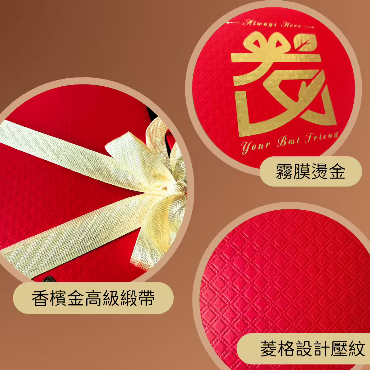 日興果園紅龍果禮盒細節特寫，菱格壓紋、燙金LOGO與香檳金緞帶設計，展現高質感包裝。