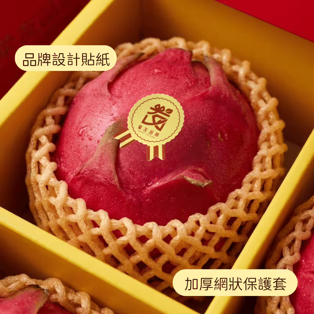 日興果園紅龍果禮盒特寫，網狀保護套與品牌貼紙，提升水果保護與送禮質感。