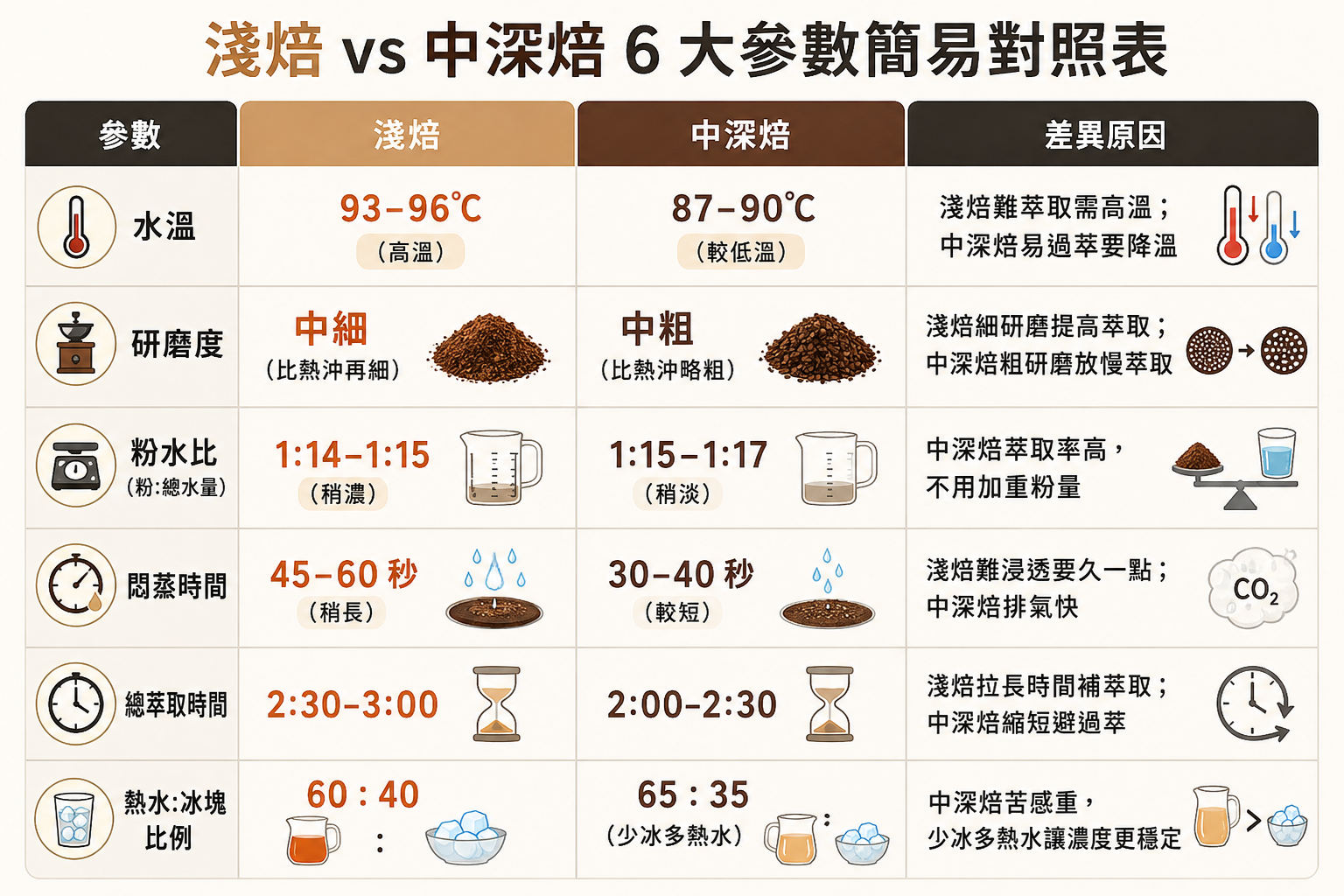 淺焙 中深焙 6 大參數 對照表 視覺化