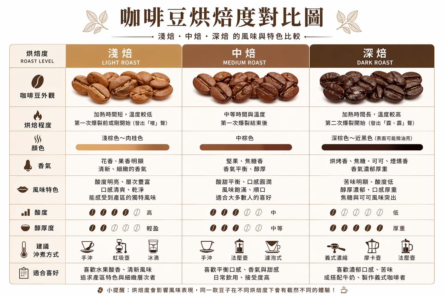 咖啡豆烘焙度對比